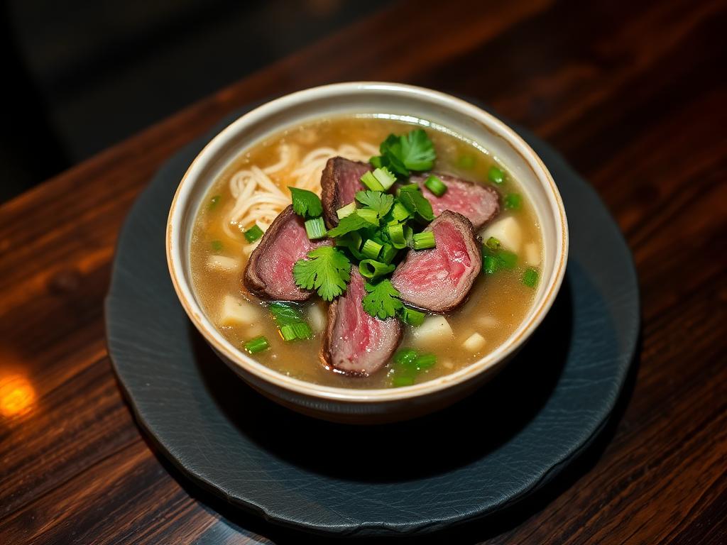 Steaming bowl of authentic Vietnamese pho with rare beef and herbs at Asian Palace, Philadelphia