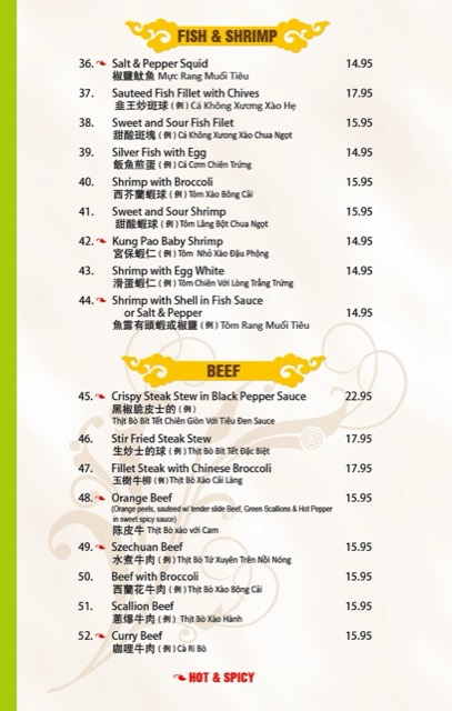 Asian Palace menu page: Fish, Shrimp & Beef